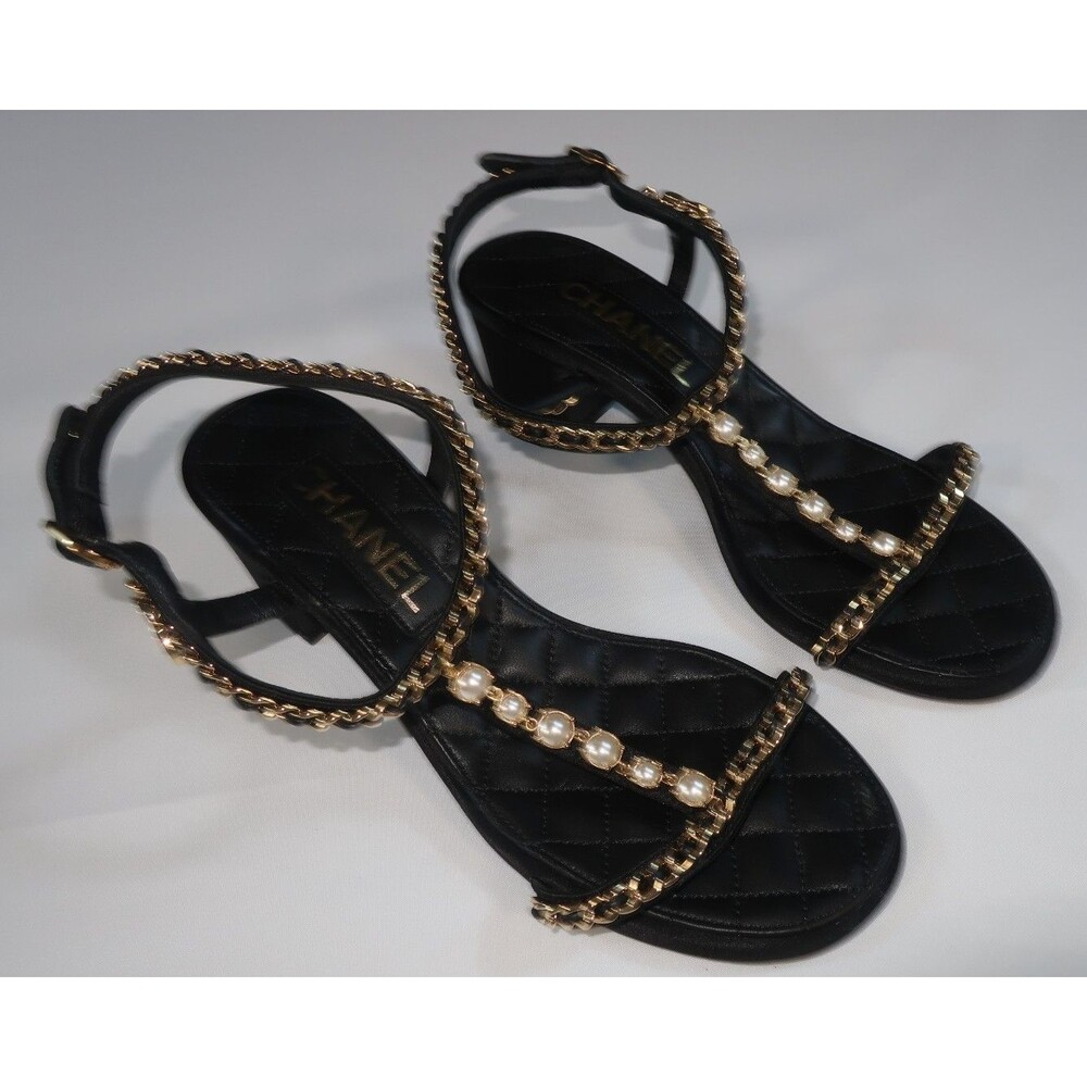 Chanel Black Lambskin Quilted Chain Sandals Pearl Heels T Strap 2022 Size 36 6 - Picture 2 of 13